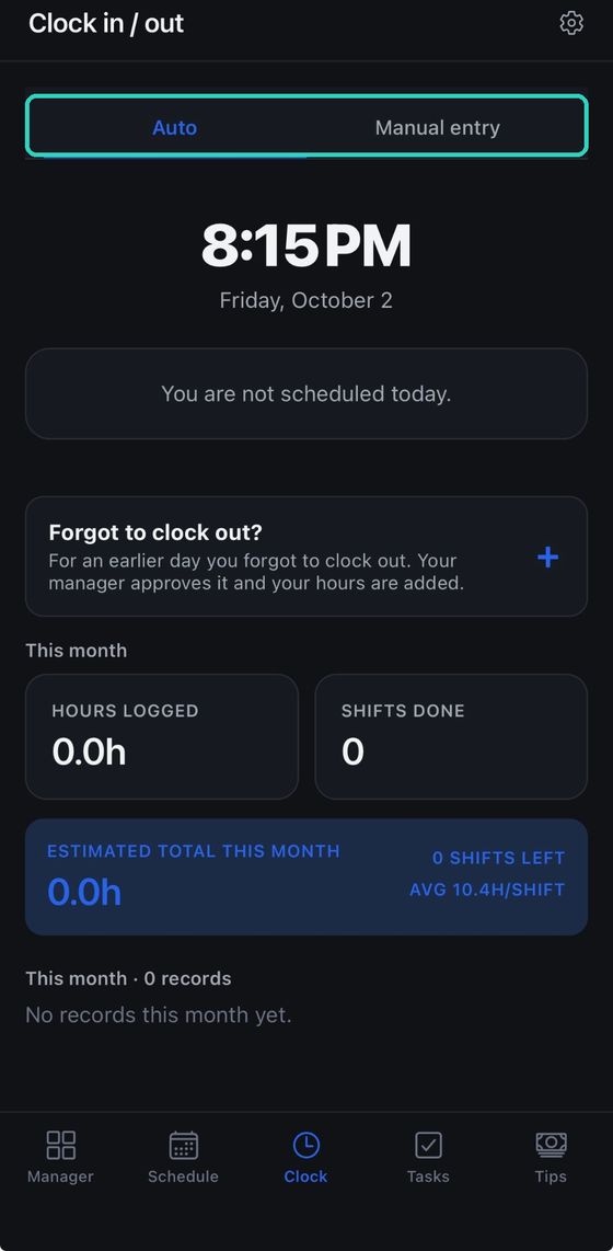 The Clock tab with the Auto and Manual entry tabs at the top