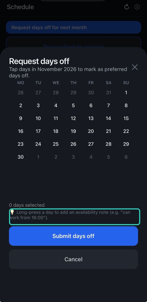 The days-off picker, with the long-press hint highlighted