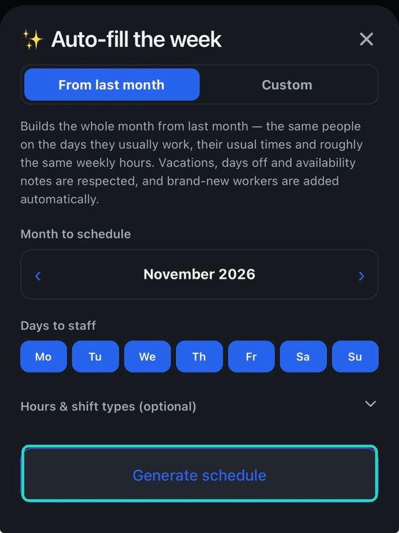 Auto-fill: pick the month and the days you open