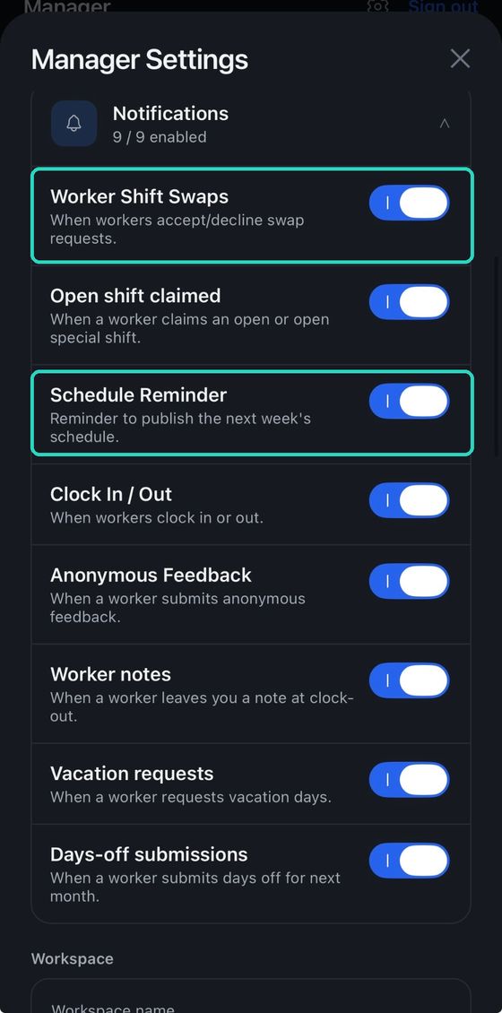 Manager notifications, nine switches