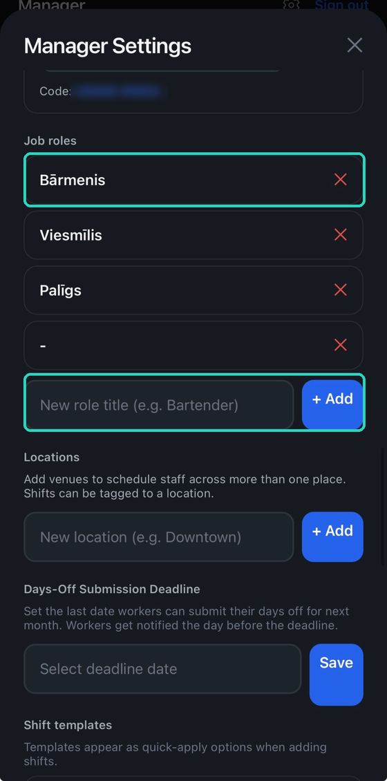 Job roles and locations in Manager Settings