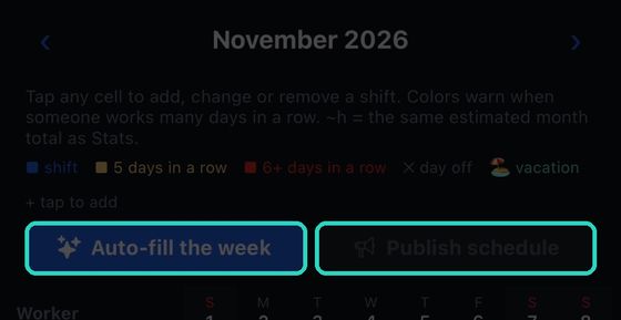 The month grid, with Auto-fill and Publish above it