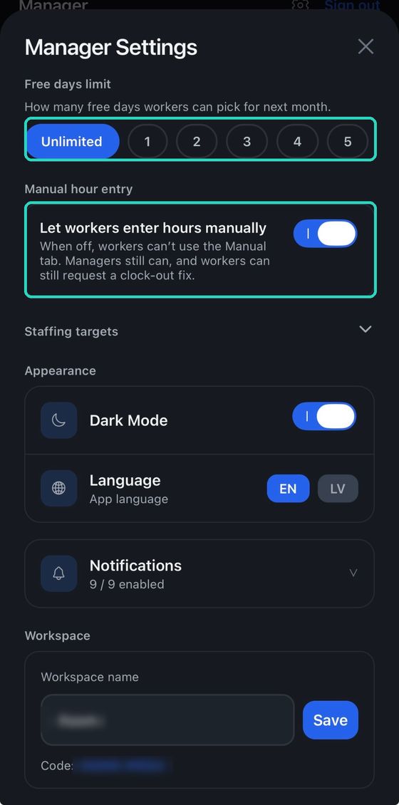 Free days limit and manual hour entry