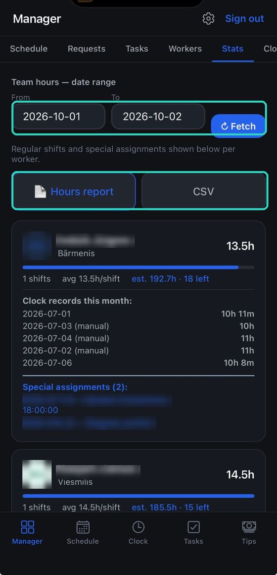 Stats: the date range, and the two export buttons