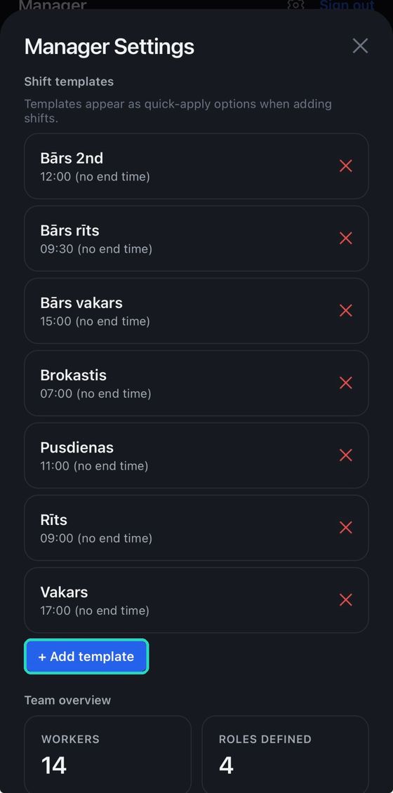 Shift templates, with the Add template button