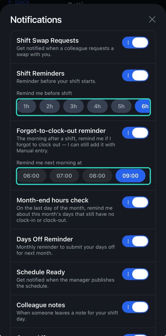 Reminder timings