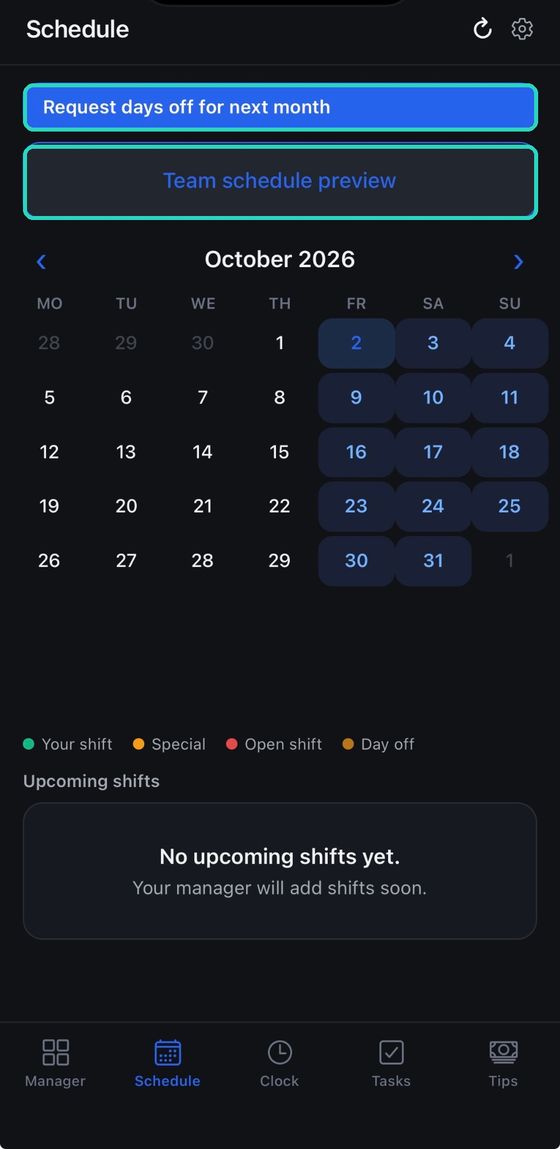 The Schedule tab, with the days-off and team-preview buttons at the top