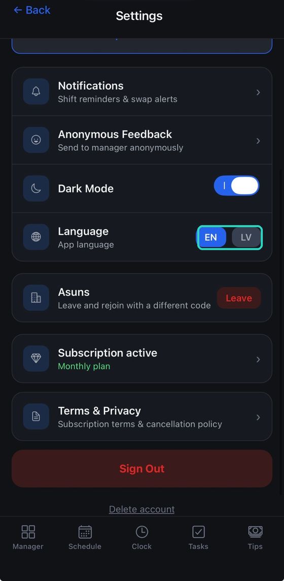 Settings, with the English / Latvian switch highlighted