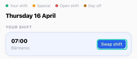 A day with a shift: start time, your role, and the Swap shift button